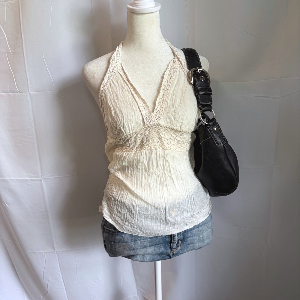 Y2K Babydoll Ivory Cotton Gauze Crochet Lace Halter Top Boho Festival Cream S